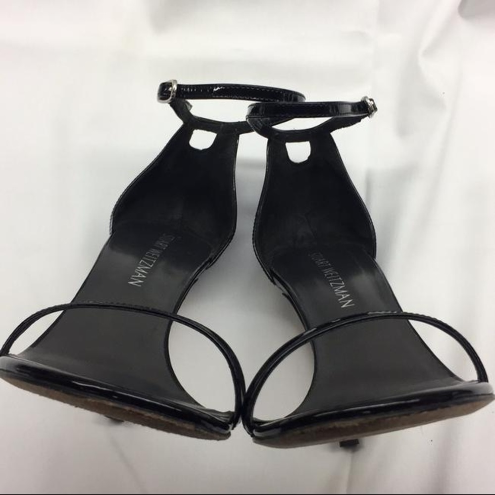 Stuart weitzman black nudistsong ankle strap patent leather heel pumps 7m
